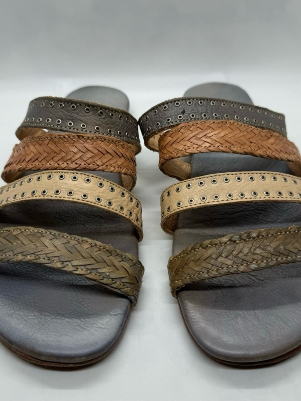Bed Stu Women’s Multi-Strap Braided Leather Sandals in Brown, Tan and Gray